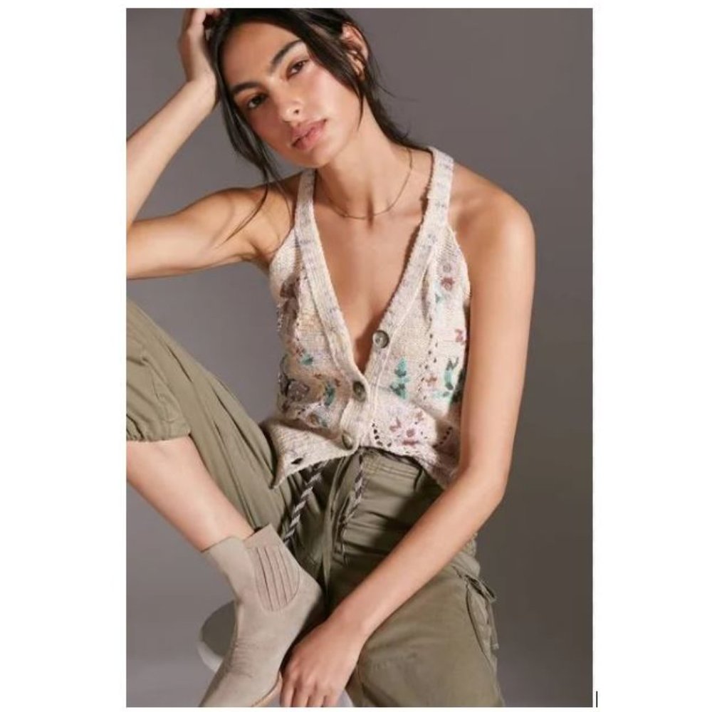 Anthropologie Gardenia Butterfly Button-Up Sweater Vest - Size Medium - NWT